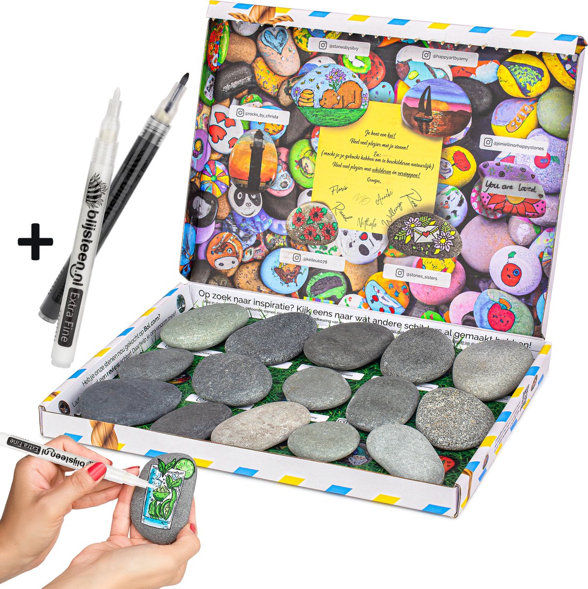 Happy Stones | Inclusief 2 Stiften | Stenen Schilderen Kinderen | Stenen Schilderen Volwassenen | 5-8 cm | 15 stuks | Schilderbare Keien | Happy Stones Pakket | Beach Pebbles